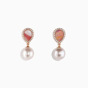 The Peark 14K Rose Gold Pearl, Mother of Pearl and Diamond Earrings feature teardrop-shaped mother of pearl insets with diamond borders and round white pearl drops, elegantly displayed on a white background.