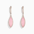 These 14K Rose Gold Rose Quartz and Diamond Earrings feature elegant marquise-shaped rose quartz stones bordered by sparkling diamonds, set in rose gold.