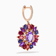 The 14K Rose Gold Mix Stone and Diamond Floral Drop Earrings feature oval and marquise purple, pink, red, and blue stones in a floral pattern with diamond accents on the hooks.