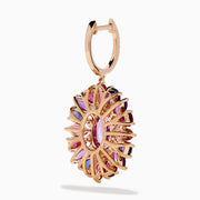 The 14K Rose Gold Mix Stone and Diamond Floral Drop Earrings feature oval and marquise purple, pink, red, and blue stones in a floral pattern with diamond accents on the hooks.