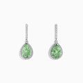 The 14K White Gold Green Amethyst and Diamond Drop Earrings feature pear-shaped green amethysts accented by diamonds, with diamond-lined hooks, and are displayed on a white background.