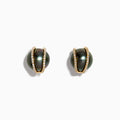 14K Yellow Gold Black Tahitian Pearl and Diamond Earrings: each stud features a black Tahitian pearl accented by a curved 14K yellow gold and diamond band, displayed on a white background.