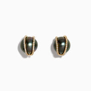 14K Yellow Gold Black Tahitian Pearl and Diamond Earrings: each stud features a black Tahitian pearl accented by a curved 14K yellow gold and diamond band, displayed on a white background.