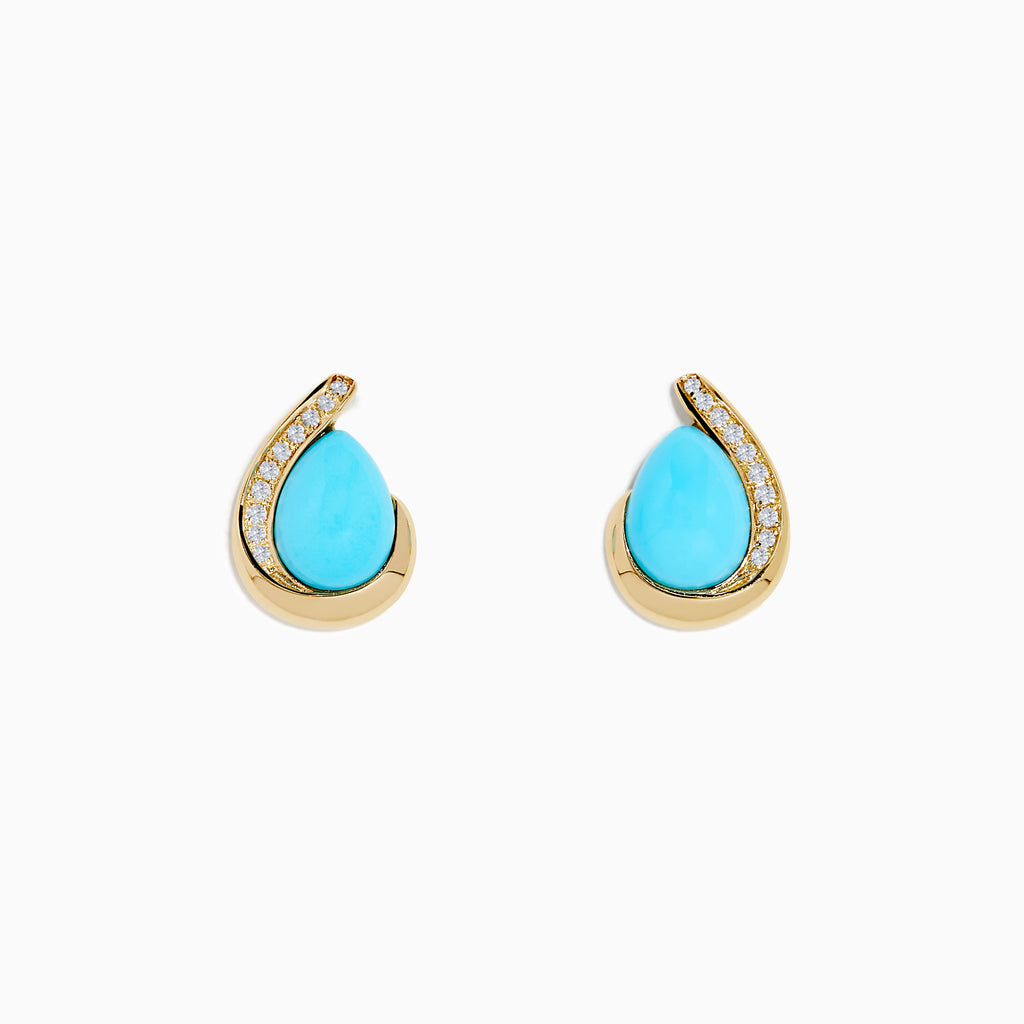 The 14K Yellow Gold Turquoise and Diamond Earrings feature teardrop turquoise stones accented by a curved line of sparkling diamonds, set against a white background.