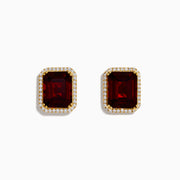 14K Yellow Gold Garnet and Diamond Emerald-Cut Halo Stud Earrings