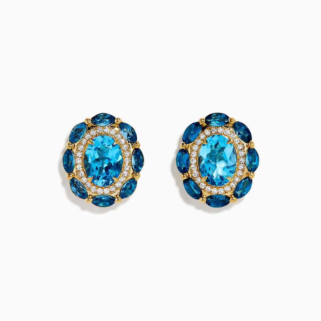 The Ocean Bleu 14K Yellow Gold Blue Topaz and Diamond Earrings showcase an oval blue topaz center, accented by smaller blue stones and sparkling diamonds, set in yellow gold and presented against a white background.