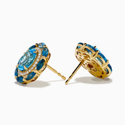 The Ocean Bleu 14K Yellow Gold Blue Topaz and Diamond Earrings showcase an oval blue topaz center, accented by smaller blue stones and sparkling diamonds, set in yellow gold and presented against a white background.