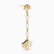 The 14K Yellow Gold Freshwater Pearl and Diamond Drop Seashell Earrings feature shell designs, diamond accents, and four round freshwater pearls linked by a chain.
