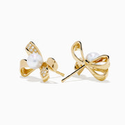14K Yellow Gold Pearl and Diamond Bow Stud Earrings