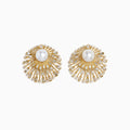 The 14K Yellow Gold Diamond and Pearl Sunburst Stud Earrings feature a large central pearl accented by radiating spokes adorned with clear, rectangular, and round gemstones in a striking sunburst design.