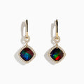 The 14K Yellow Gold Ammolite and Diamond Earrings feature square iridescent gemstones framed by clear crystals and suspended from diamond-studded hooks—an elegant choice for any occasion.