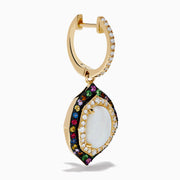 A pair of 14K yellow gold drop earrings featuring opals, pink tourmaline, multicolor sapphires, and diamonds—a stunning statement piece against a white background.