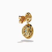 The 14K Yellow Gold Blue Topaz and Diamond Oval Drop Earrings feature large oval blue topaz gemstones encircled by white diamonds, with a sparkling diamond cluster above each stone for an elegant drop design.