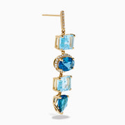 The 14K Yellow Gold Blue Topaz and Diamond Drop Earrings feature square and teardrop blue topaz gems, accented by sparkling diamonds for a layered, elegant look.