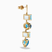 The 14K Yellow Gold Blue Topaz and Diamond Drop Earrings feature square and teardrop blue topaz gems, accented by sparkling diamonds for a layered, elegant look.