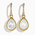 The 14K Yellow Gold Mother of Pearl and Diamond Dangle Earrings feature teardrop-shaped iridescent mother of pearl framed in twisted gold with diamond accents and elegant 14K yellow gold hooks.