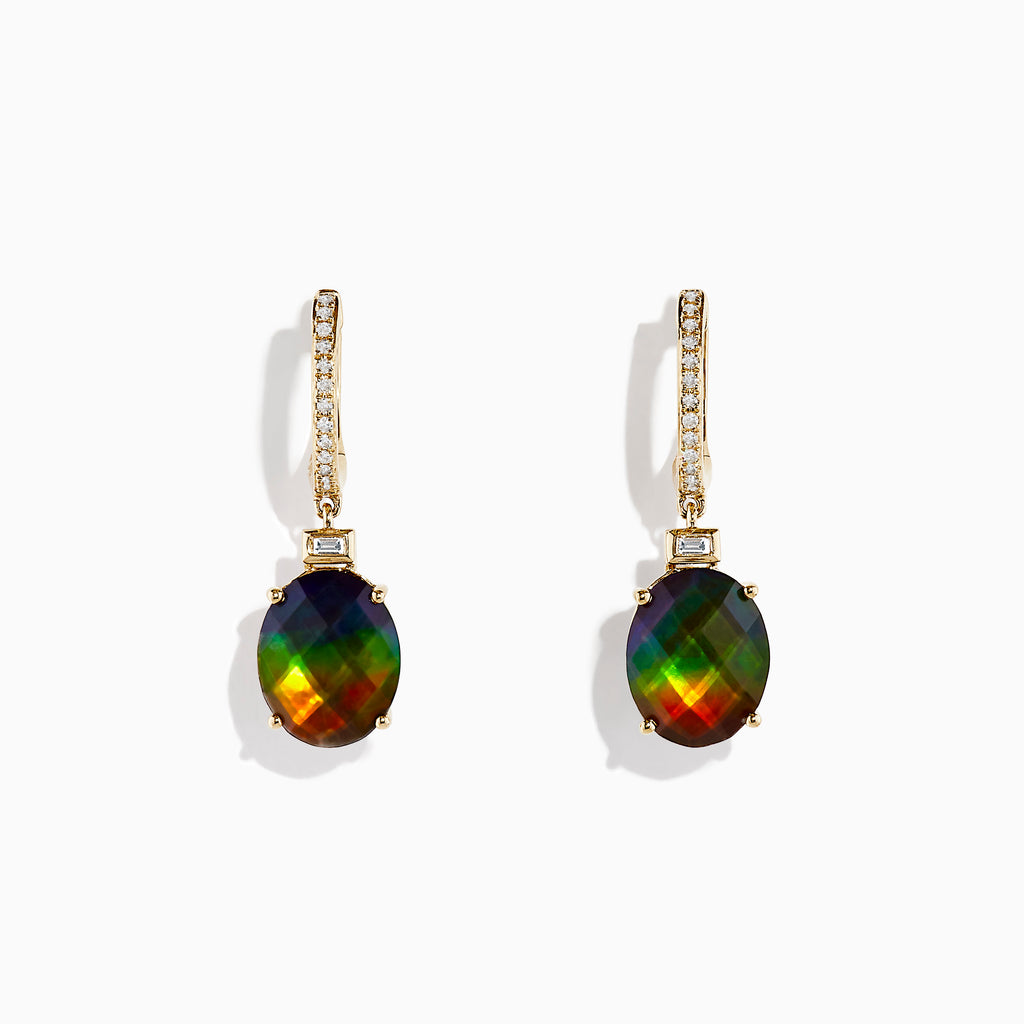 The 14K Yellow Gold Ammolite and Diamond Drop Earrings feature oval ammolite gemstones and sparkling diamonds on the hooks, shown against a white background.