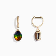 The 14K Yellow Gold Ammolite and Diamond Drop Earrings feature oval ammolite gemstones and sparkling diamonds on the hooks, shown against a white background.
