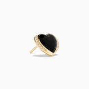 14K Yellow Gold Onyx and Diamond Heart Stud Earrings with black onyx centers and a line of sparkling diamonds along one side, shown against a white background.