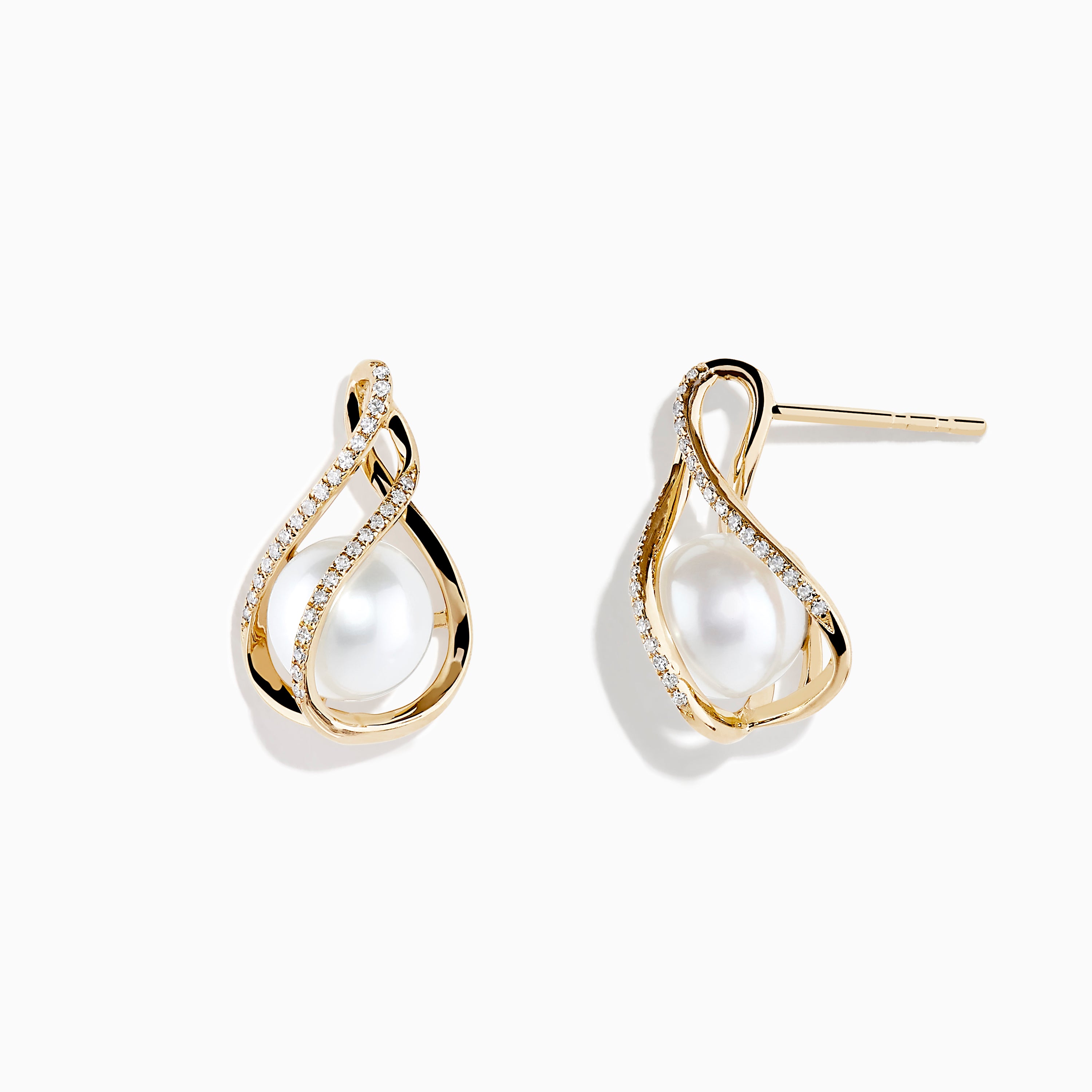 14K Yellow Gold Diamond Fresh Water Pearl Drop Earrings