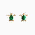 Seaside 14K Yellow Gold Malachite and Diamond Turtle Earrings showcase malachite shells and diamond-studded flippers, elegantly displayed on a white background.