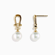 14K Yellow Gold Fresh Water Pearl and Diamond Horseshoe Drop Earrings with sparkling accents and large round pearls, elegantly displayed on a plain white background.
