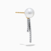 The 14K White Gold Cultured Pearl and Diamond Drop Earrings feature round cultured pearls atop two vertical rows of sparkling diamonds, all set against a plain white background.