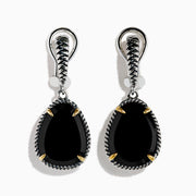 The Eclipse 925 Sterling Silver and 18K Yellow Gold Onyx Earrings feature teardrop black stones set with twisted rope details and gold prongs, shown against a white background.