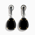 The Eclipse 925 Sterling Silver and 18K Yellow Gold Onyx Earrings feature teardrop black stones set with twisted rope details and gold prongs, shown against a white background.
