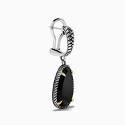 The Eclipse 925 Sterling Silver and 18K Yellow Gold Onyx Earrings feature teardrop black stones set with twisted rope details and gold prongs, shown against a white background.