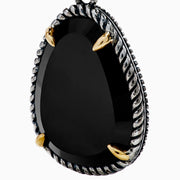 The Eclipse 925 Sterling Silver and 18K Yellow Gold Onyx Earrings feature teardrop black stones set with twisted rope details and gold prongs, shown against a white background.