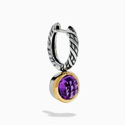 925 Sterling Silver and 14K Yellow Gold Amethyst Bezel Drop Earrings featuring twisted silver hoops and round faceted amethyst gemstones displayed on a white background.