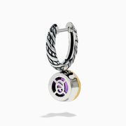925 Sterling Silver and 14K Yellow Gold Amethyst Bezel Drop Earrings featuring twisted silver hoops and round faceted amethyst gemstones displayed on a white background.