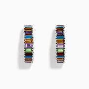 The Mosaic 925 Sterling Silver Multi Color Gemstone Heart Earrings feature a row of rectangular, multicolored gemstones, shown from the front and side to highlight their shimmering design.