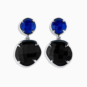 925 Sterling Silver Lapis Lazuli and Onyx Drop Earrings feature small round blue lapis lazuli stones at the top and larger black onyx stones below, both set in sterling silver prongs against a white background.