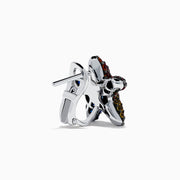 The Seaside 925 Sterling Silver Multi Color Sapphire Starfish Earrings feature star-shaped studs encrusted with sapphire gemstones in blue, green, orange, red, and yellow set in dark metal.