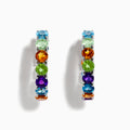 The 925 Mosaic Sterling Silver Multi Gemstone Hoop Earrings feature vibrant blue, green, orange, purple, and yellow gemstones arranged in a repeating pattern along the front of each hoop.