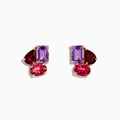 The 14K Rose Gold Pink Amethyst, Tourmaline & Rhodolite Stud Earrings feature rectangular pink amethysts, oval tourmalines, and teardrop rhodolites set in gold prongs in an elegant cluster design.