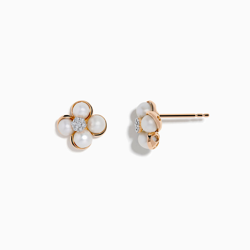 The 14K Pink Gold Fresh Water Pearl and Diamond Earrings feature four white pearl petals outlined in pink gold, with sparkling diamonds at the center, displayed against a plain white background.