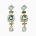 These 14K rose gold earrings feature square, rectangular, and teardrop-shaped green amethyst and peridot gemstones in light blue and green.