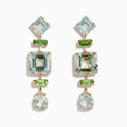 These 14K rose gold earrings feature square, rectangular, and teardrop-shaped green amethyst and peridot gemstones in light blue and green.
