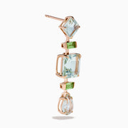 These 14K rose gold earrings feature square, rectangular, and teardrop-shaped green amethyst and peridot gemstones in light blue and green.