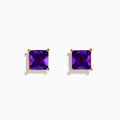 14K Rose Gold Amethyst Stud Earrings featuring square-cut stones in prong settings, shown on a white background.