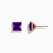 14K Rose Gold Amethyst Stud Earrings featuring square-cut stones in prong settings, shown on a white background.