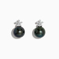 These 14K White Gold Tahitian Pearl and Diamond Earrings feature 9-10 mm round Tahitian pearls accented by a floral cluster of sparkling diamonds, set in white gold.