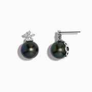 These 14K White Gold Tahitian Pearl and Diamond Earrings feature 9-10 mm round Tahitian pearls accented by a floral cluster of sparkling diamonds, set in white gold.