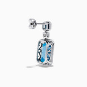 14K White Gold Blue Topaz and Diamond Geometric Drop Earrings featuring rectangular deep blue topaz gems, each accented by a smaller blue stone and a baguette-cut diamond, displayed against a white background.