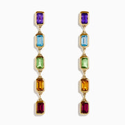 The Mosaic 14K Yellow Gold Multi Color Linear Drop Earrings showcase four vertically arranged rectangular gemstones—purple, blue, green, and orange—set in yellow gold against a white background.