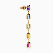 The Mosaic 14K Yellow Gold Multi Color Linear Drop Earrings showcase four vertically arranged rectangular gemstones—purple, blue, green, and orange—set in yellow gold against a white background.