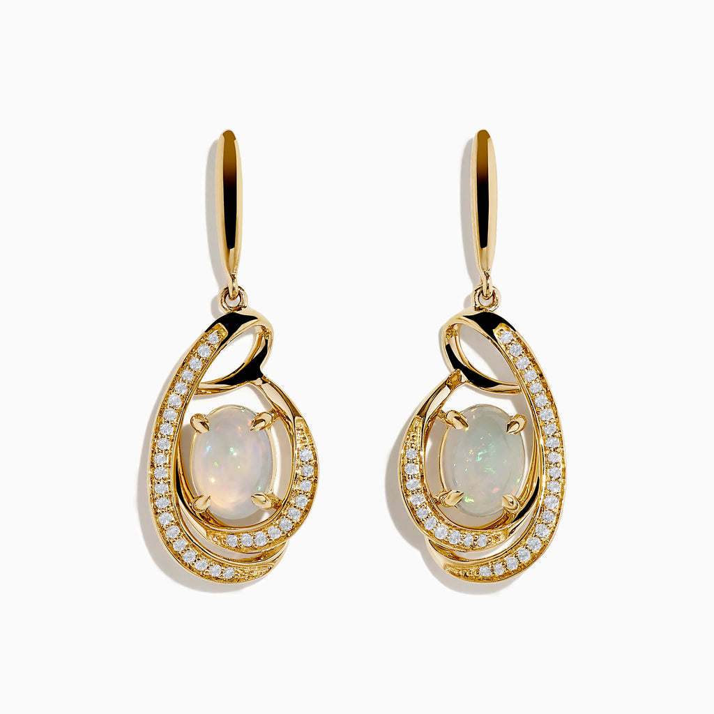 Introducing the Aurora 14K Yellow Gold Opal and Diamond Earrings, featuring oval opals encircled by sparkling diamonds and finished with a graceful swirl design.
